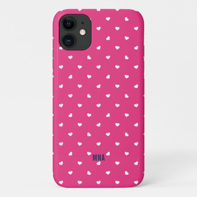 Cute Hot Pink and White Hearts Pattern Monogram Case-Mate iPhone Case (Back)