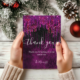 Cute hot Pink black Glitter Drips thank you Card