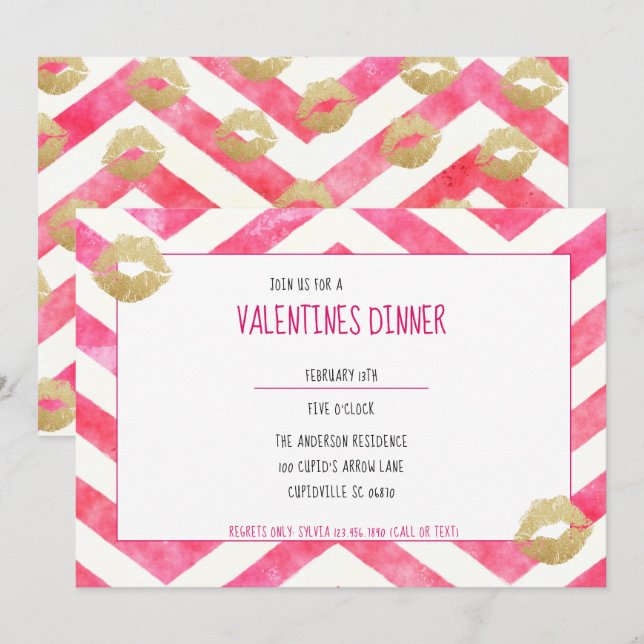 Cute Hot Pink Chevron Gold Lips Valentine Party Invitation (Front/Back)