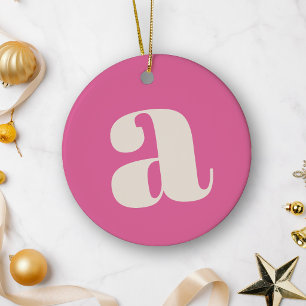 Cute Hot Pink Custom Monogram Retro Lettering Ceramic Tree Decoration