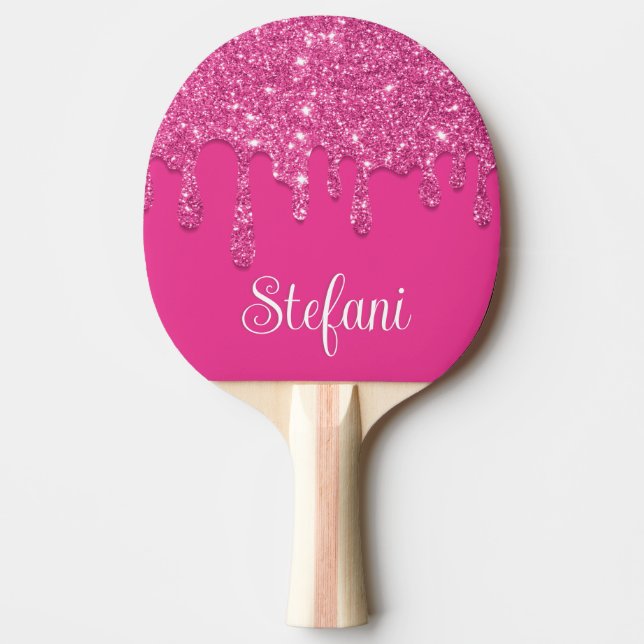 Cute Hot Pink Drips Glitter Monogram Ping Pong Paddle (Front)