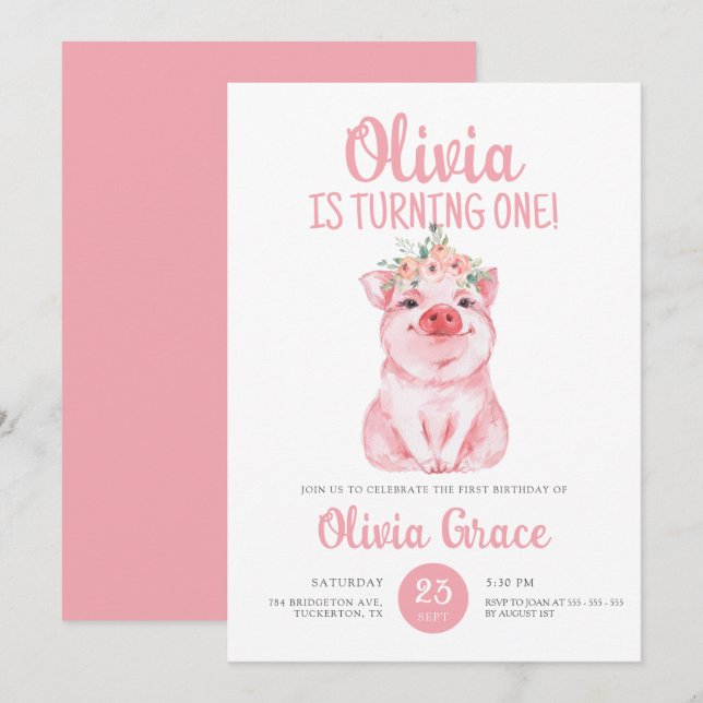 Cute Hot Pink Farm Baby Pig Girl 1st Birthday Invitation (Front/Back)