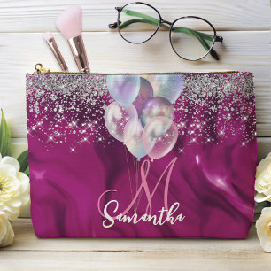 Cute hot pink faux silver glitter balloon monogram accessory pouch