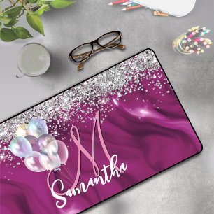 Cute hot pink faux silver glitter balloon monogram desk mat