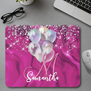 Cute hot pink faux silver glitter balloon monogram mouse mat