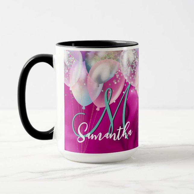 Cute hot pink faux silver glitter balloon monogram mug (Left)