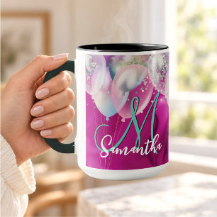 Cute hot pink faux silver glitter balloon monogram mug