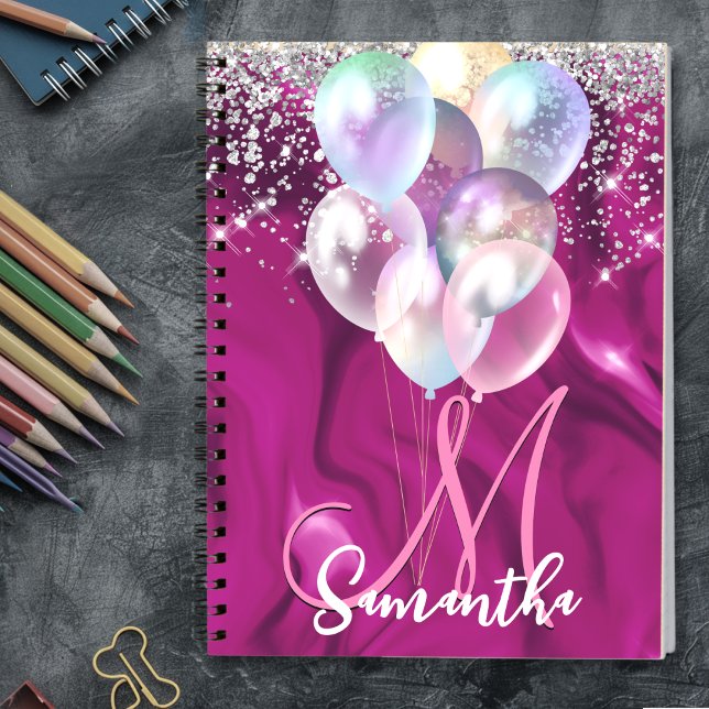 Cute hot pink faux silver glitter balloon monogram notebook (Creator Uploaded)