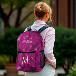 Cute hot pink faux silver glitter balloon monogram printed backpack