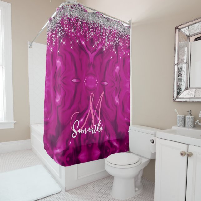Cute hot pink faux silver glitter balloon monogram shower curtain (In Situ)