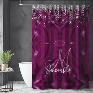 Cute hot pink faux silver glitter balloon monogram shower curtain