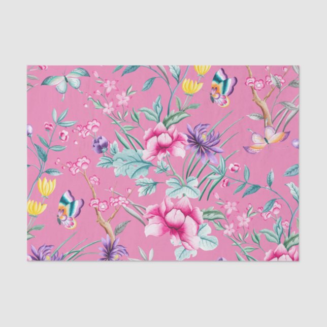 Cute Hot Pink Floral & Butterflies Pattern Tissue Paper (Front)