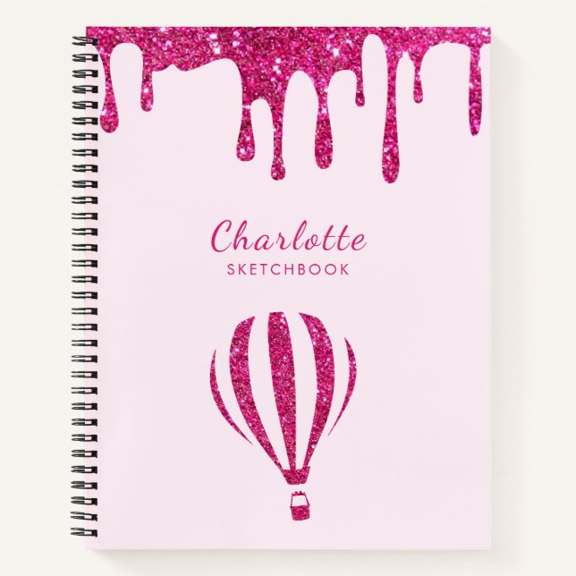 Cute hot pink glitter monogram sketch notebook (Front)