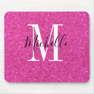 Cute Hot pink gold glitter monogram Mouse Pad