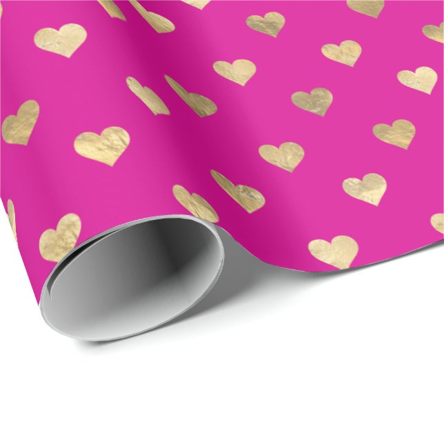 Cute Hot Pink Gold Hearts Pattern   Wrapping Paper (Roll Corner)