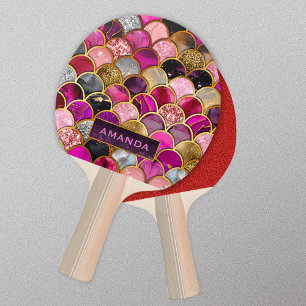 Cute hot pink gold mermaid scales girly ping pong paddle