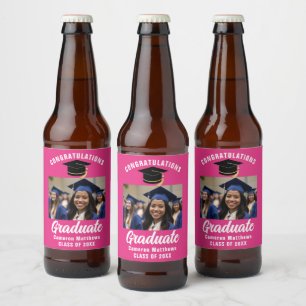 Cute Hot Pink Graduation Party Custom Photo Beer Bottle Label