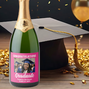 Cute Hot Pink Graduation Party Custom Photo Sparkling Wine Label