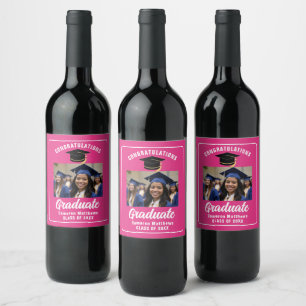 Cute Hot Pink Graduation Party Custom Photo Wine Label