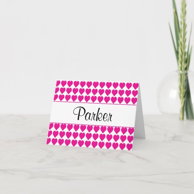 Cute Hot Pink Hearts Girls Personalised Stationery Note Card (Front)