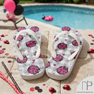 Cute Hot Pink Ladybug Grey Gingham Pattern Kids Kid's Flip Flops