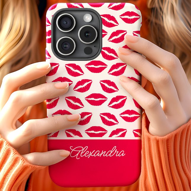 Cute Hot Pink Lipstick Kisses Script Name Case-Mate iPhone Case (Creator Uploaded)