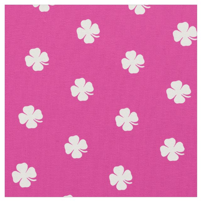 Cute Hot Pink Lucky Clover White Dots Pattern  Fabric (Close Up)