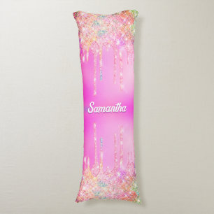 Cute hot Pink Rainbow Glitter Drips monogram Body Cushion