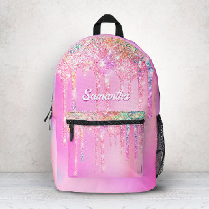 Cute hot Pink Rainbow Glitter Drips monogram  Printed Backpack