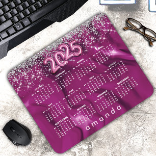 Cute hot pink silver glitter 2025 calendar mouse mat