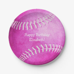 cute hot pink softball birthday party paper plate
