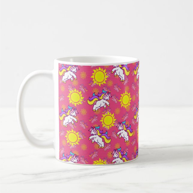Cute Hot Pink Sunny Unicorn Pattern Design Coffee Mug (Left)