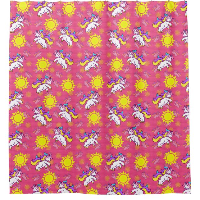 Cute Hot Pink Sunny Unicorn Pattern Design Shower Curtain (Front)