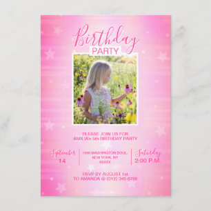 Cute Hot Pink Twinkle Stars Girl Birthday   PHOTO Invitation