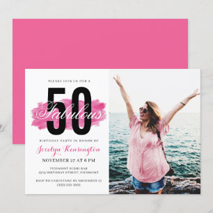 Cute Hot Pink Watercolor 50th Birthday Party Photo Invitation
