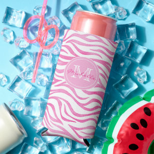 Cute Hot Pink Watercolor Zebra Print   Monogram Seltzer Can Cooler
