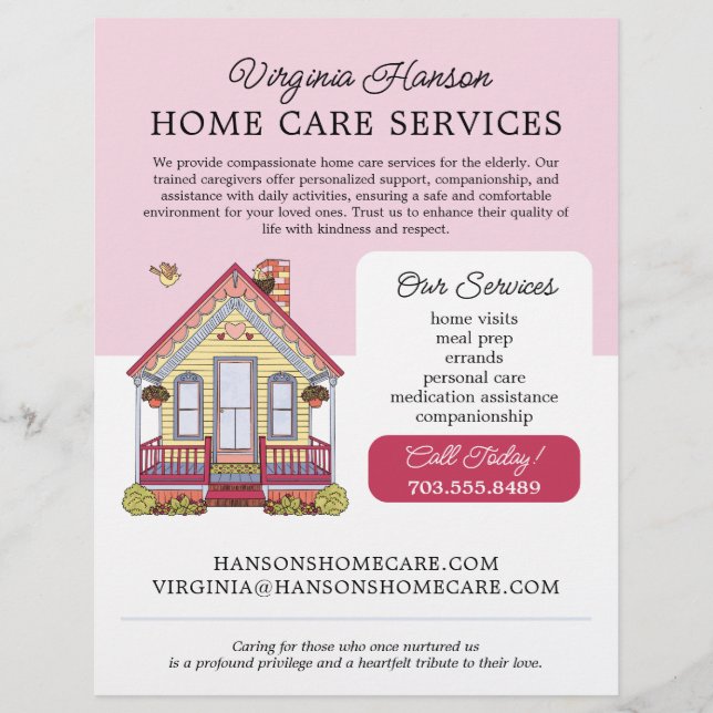 Cute House Caregiver Caretaker Services Pink Flyer (Front)