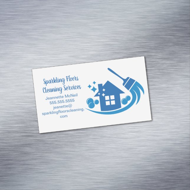 Cute House Cleaning Maid Services Blue Broom Magnetic Business Card (In Situ)