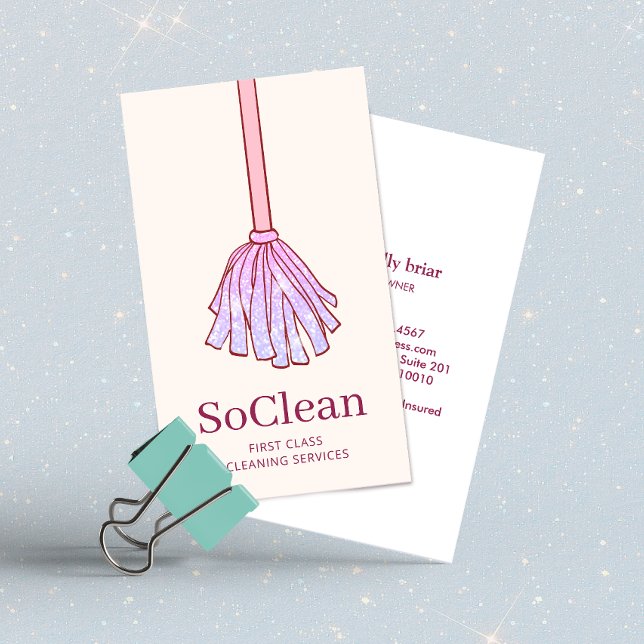 Cute House Cleaning Maid Services Pink Glitter Mop Business Card (Creator Uploaded)