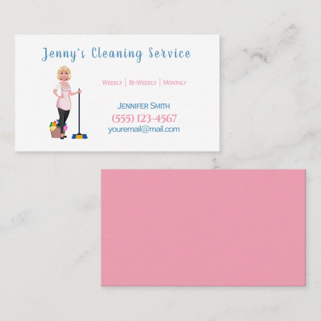 Cute House Cleaning Maid With Broom Service Business Card (Front/Back)