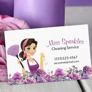 Cute House Cleaning Purple Floral Maid Service Business Card