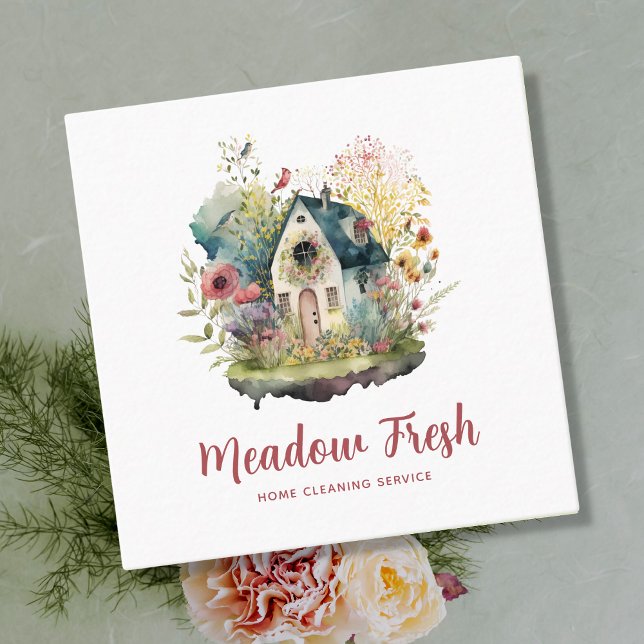 Cute House Cleaning Service Floral Square Business Card (Creator Uploaded)