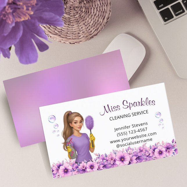 Cute House Cleaning Service Maid Floral Business Card (Creator Uploaded)