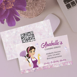 Cute House Cleaning Service Maid QR Code Business Card
