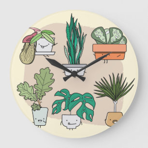 Cute House Plants: Colourful Botanical. Large Clock