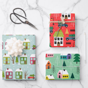 Cute House Themed Christmas Pattern Wrapping Paper Sheet