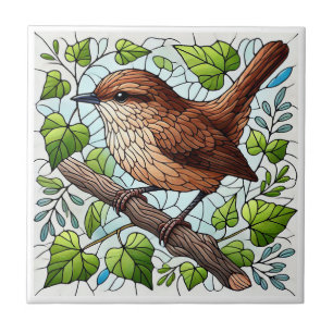Cute House Wren Stained Glass Look Tile