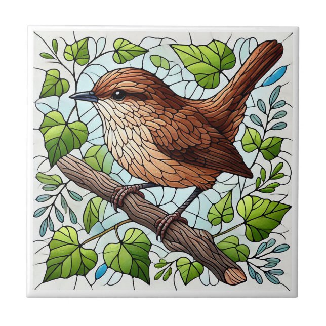 Cute House Wren Stained Glass Look Tile (Front)