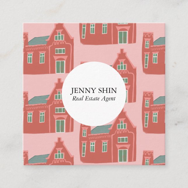 Cute Houses Real Estate Agent Broker Realtor Lease Square Business Card (Front)