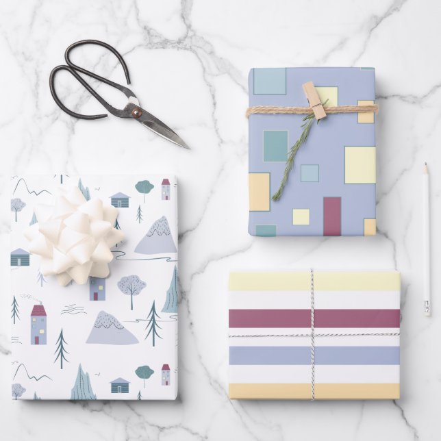 Cute Houses Trees Mountains Modern Pattern Wrapping Paper Sheet (Front)
